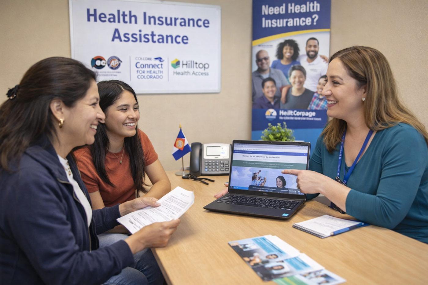 **Texto alternativo (alt) en español:**  Una navegadora de Hilltop Health Access se reúne con una madre y su hija adolescente en un escritorio, explicando opciones de seguro médico en una computadora portátil y revisando documentos en un entorno acogedor.